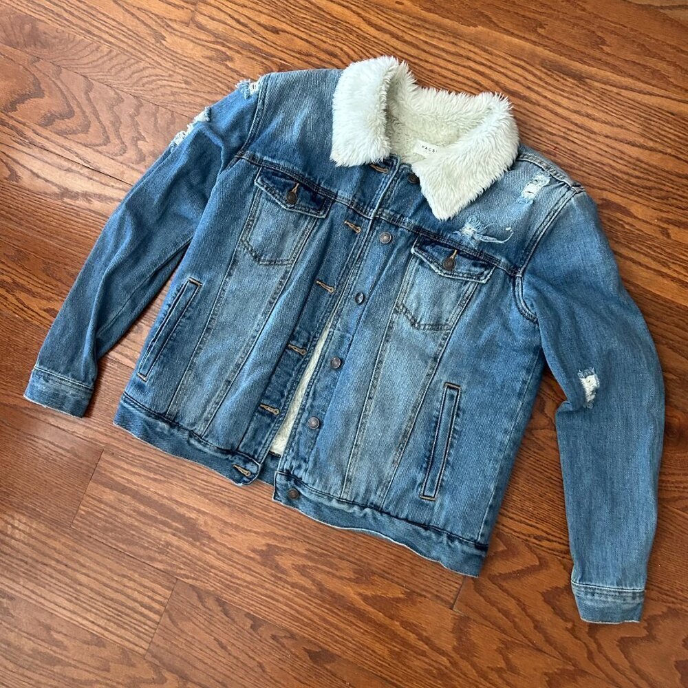 Pacsun Sherpa Denim Trucker Jacket Fleece Lined Size Large Distressed - Picture 10 of 12
